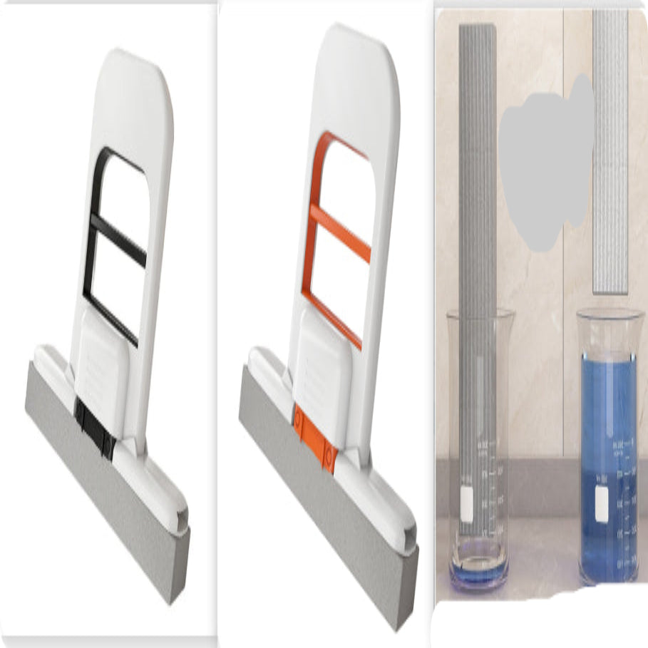 Set of cleaning tools including a squeegee, brush, and two containers on a white background.