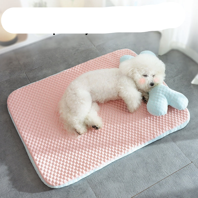 Dog lying on a pink cooling mat with text 'Breathable, cool and comfortable to sleep all day'.