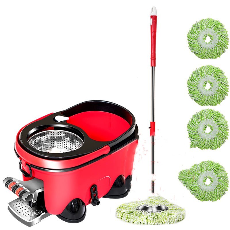 Red cleaning bucket with mop and three green mop heads on a white background