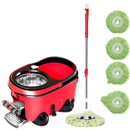 Red cleaning bucket with mop and three green mop heads on a white background