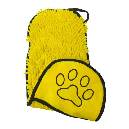 Yellow grooming mitt with a paw print design on a white background