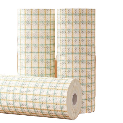 Roll of plaid wallpaper with a kitchen background