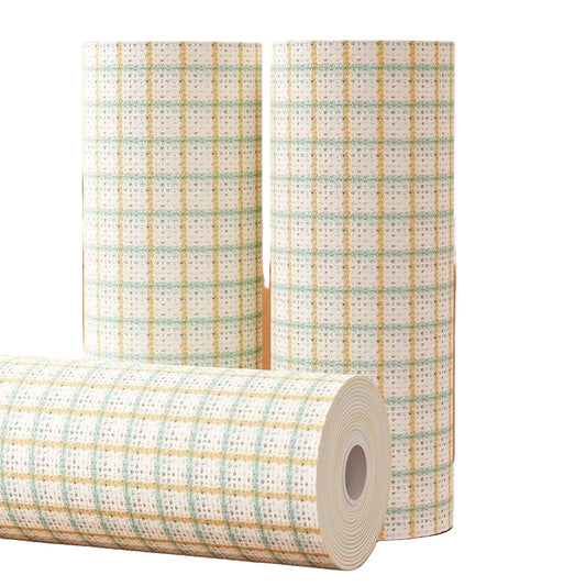Roll of plaid wallpaper with a kitchen background