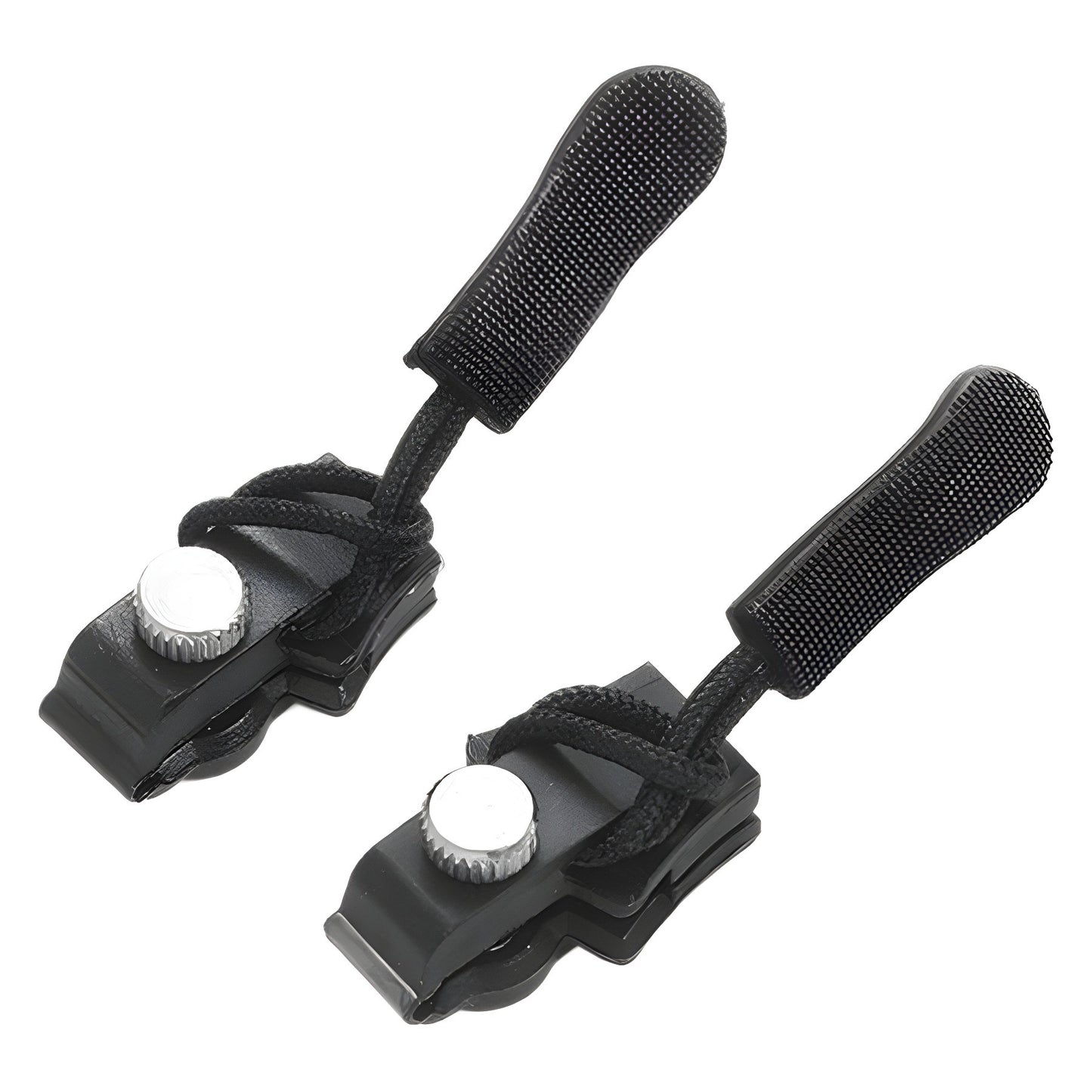 Pair of black ankle or wrist straps with white buttons on a white background