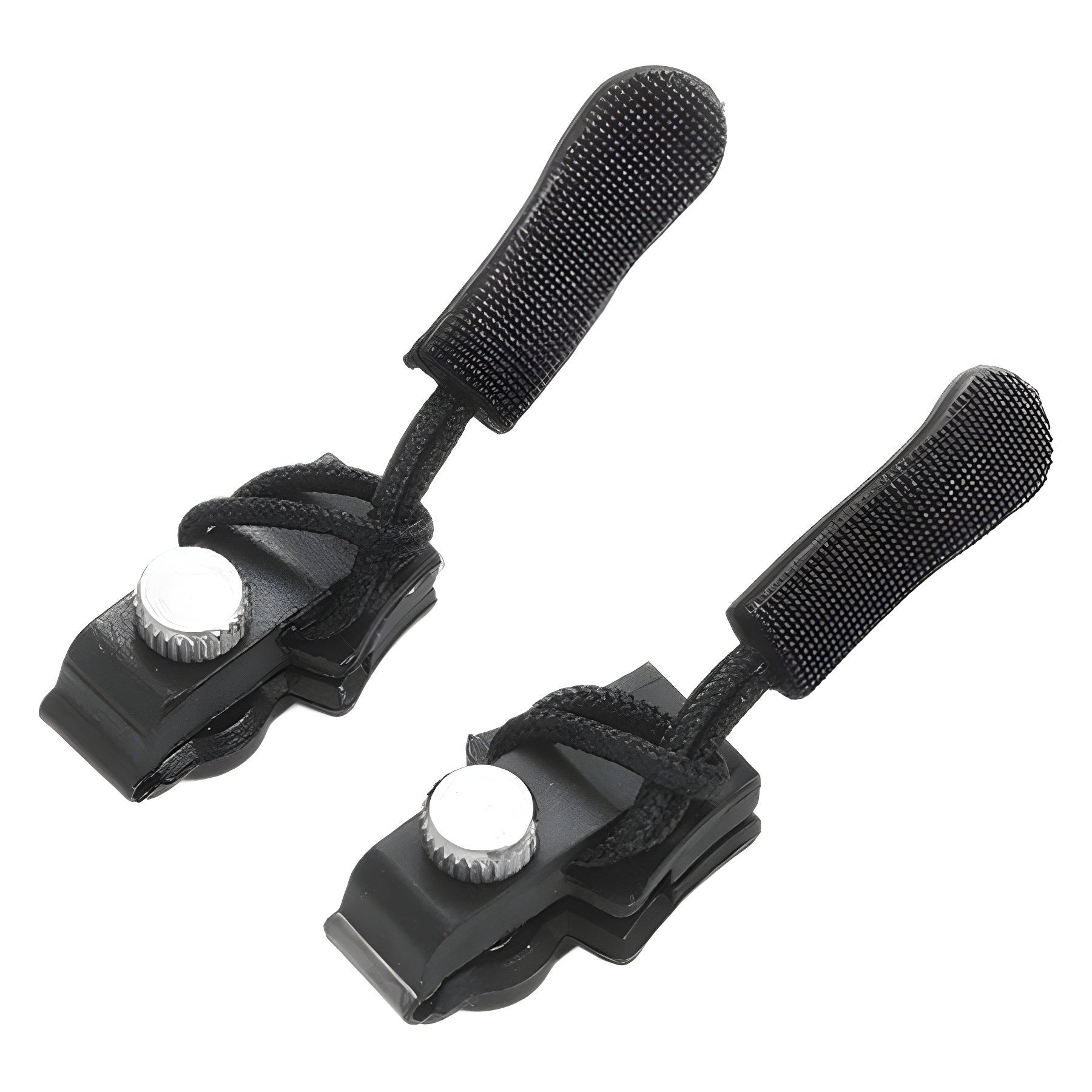 Pair of black ankle or wrist straps with white buttons on a white background