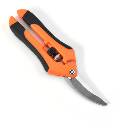 Orange and black gardening shears on a white background