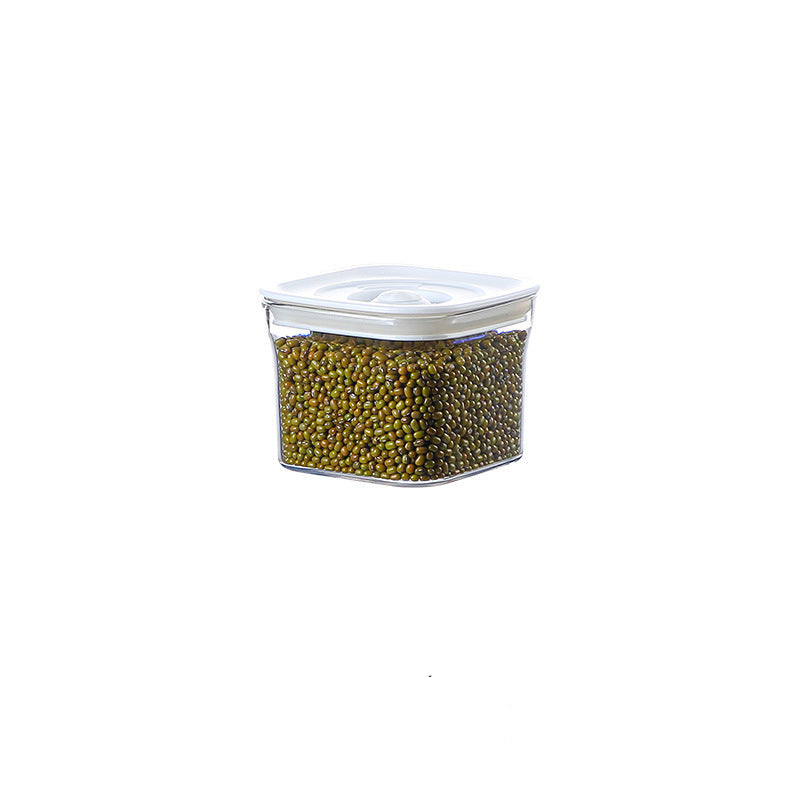 Rectangular container with green beans and measurements on a white background