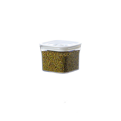 Rectangular container with green beans and measurements on a white background