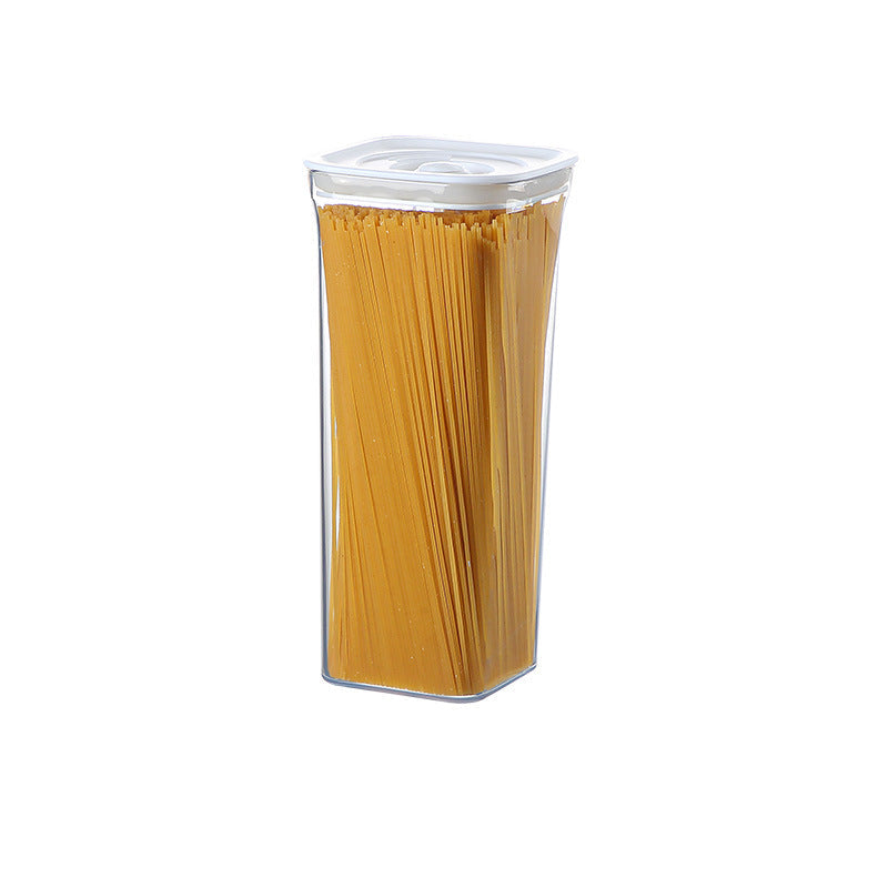Clear container with lid filled with yellow noodles, showing dimensions on a white background.