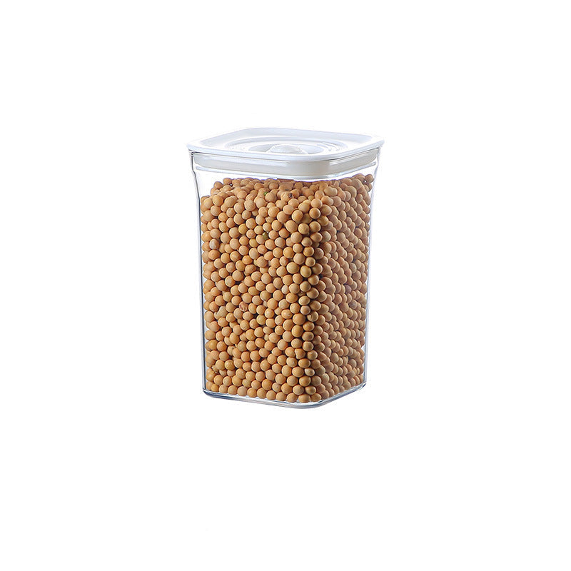 Clear container with lid filled with wooden beads, showing dimensions on a white background.