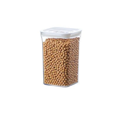 Clear container with lid filled with wooden beads, showing dimensions on a white background.
