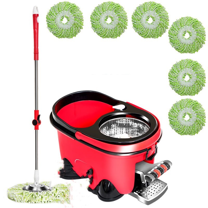 Red and black mop bucket with a red handle and five green mop heads on a white background.