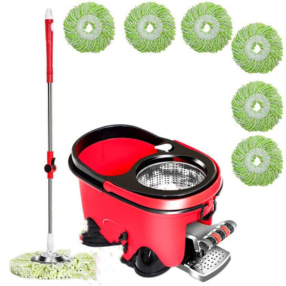 Red and black mop bucket with a red handle and five green mop heads on a white background.