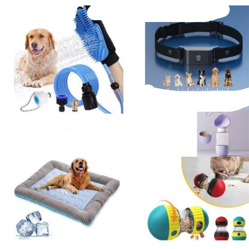 Pet care bundle with various products including a collar, water hose, and toys on a white background.