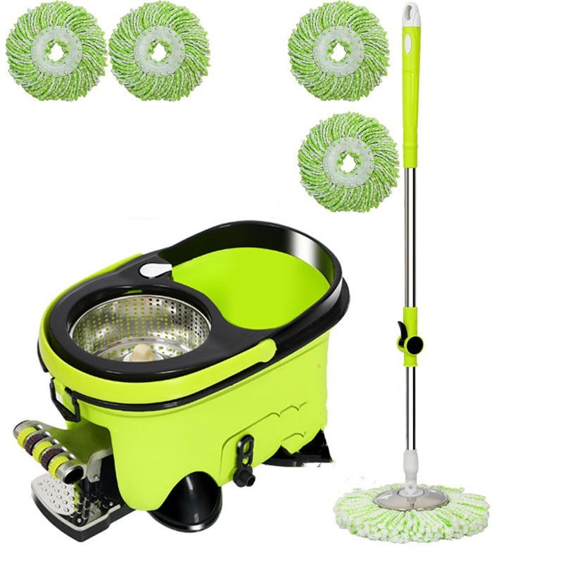 Green cleaning mop set with bucket and four replacement heads on a white background
