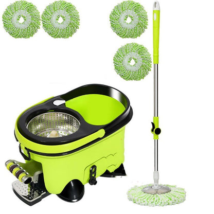 Green cleaning mop set with bucket and four replacement heads on a white background
