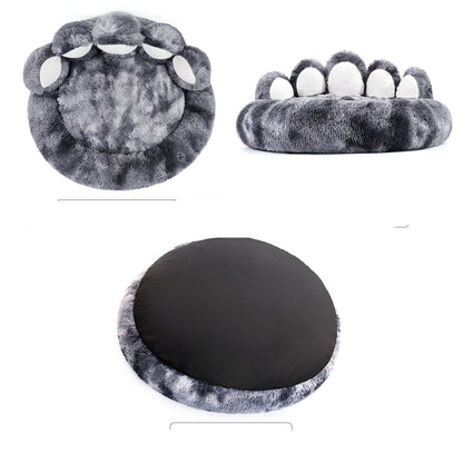Gray paw-shaped cushion shown from front, top, and bottom perspectives on a white background.