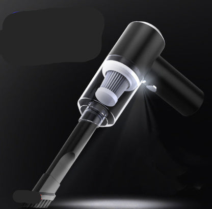 Black handheld vacuum cleaner with power specifications on a dark background