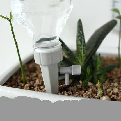Automatic watering system for plants using a drink bottle, with text indicating compatibility with mineral water bottles.