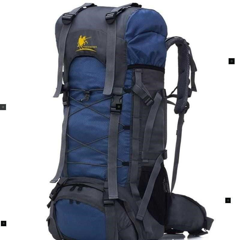 Blue and gray backpack with a visible brand logo on a white background