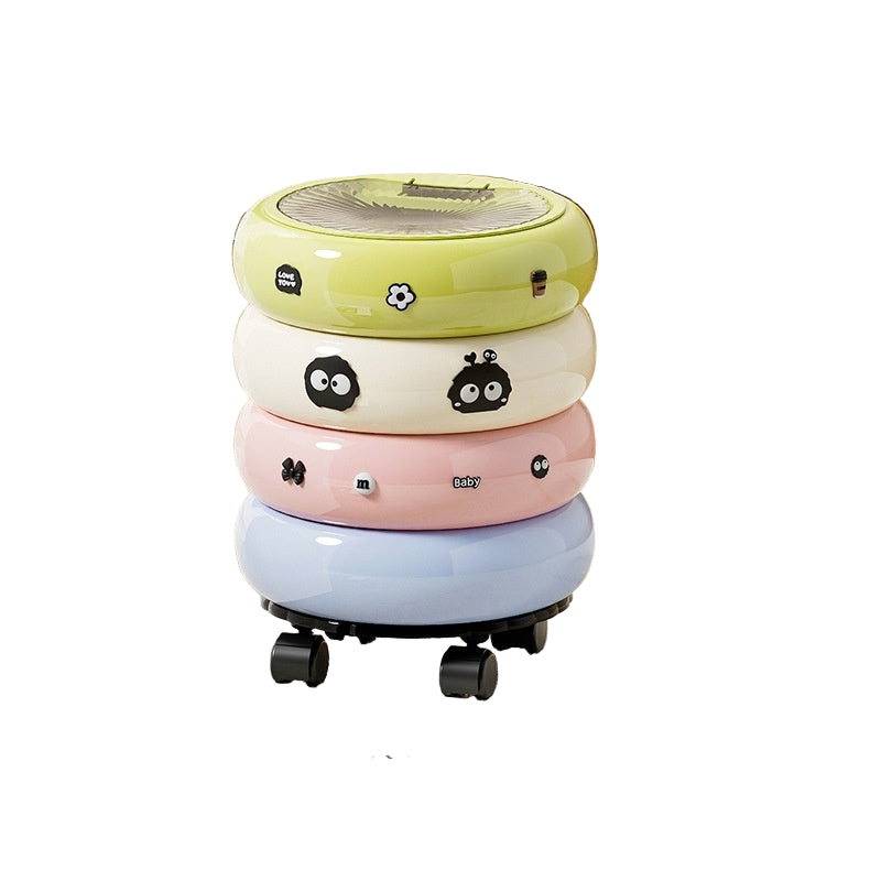 Stackable donut-shaped trash cans with wheels and covers, shown on a wooden floor.
