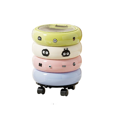 Stackable donut-shaped trash cans with wheels and covers, shown on a wooden floor.