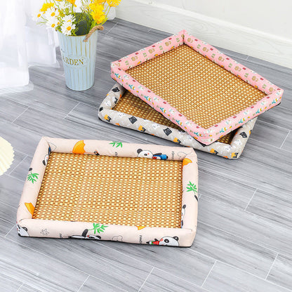 Three pet beds with different designs on a gray floor.