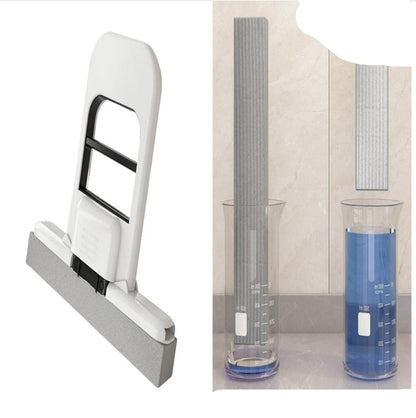 Window cleaning tool with squeegee and two glass containers with blue liquid on a white background.