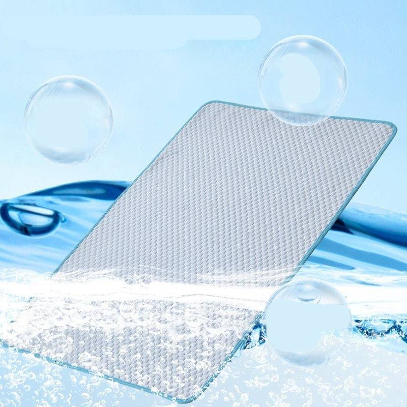 Textured mat with water droplets and text highlighting features on a blue background