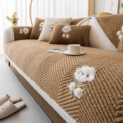 Cartoon Teddy Sofa Cushion Non-Slip Cover Towel – Flannel Dust Cover with Cute Animal Pattern