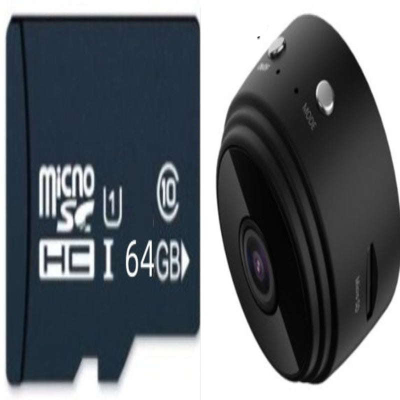 64GB microSD card and a small black camera on a white background