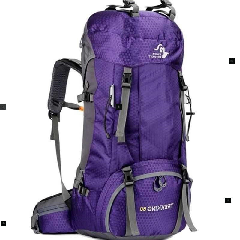 Purple hiking backpack with gray straps on a white background