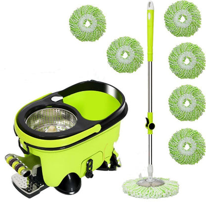 Green cleaning mop set with bucket and multiple head attachments on a white background