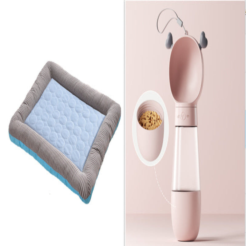 Pet bed on the left and pet water bottle with bowl on the right against a pink background 