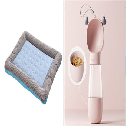 Pet bed on the left and pet water bottle with bowl on the right against a pink background 