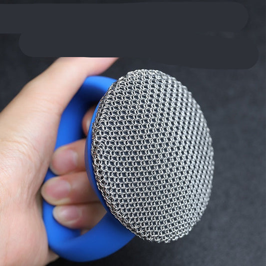 Hand holding a metal scrubber with blue handle, text about ergonomic design and water safety.