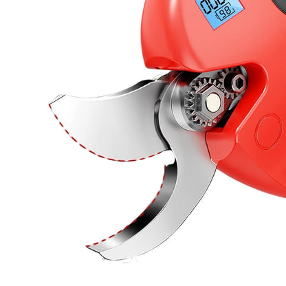 Red pruning shears with a digital display on a black background
