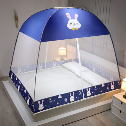 Children's bed with a blue cartoon rabbit design on a white background