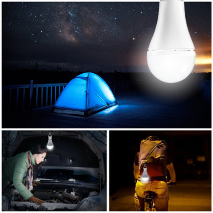 Collage of a camping scene with a tent, a light bulb, and people using a light source.