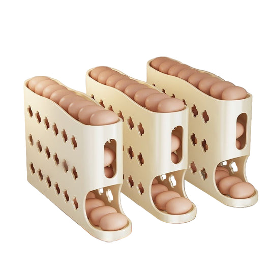 Egg holder with eggs inside, labeled 'Can hold 30 eggs' and 'The most space-saving and most practical'.