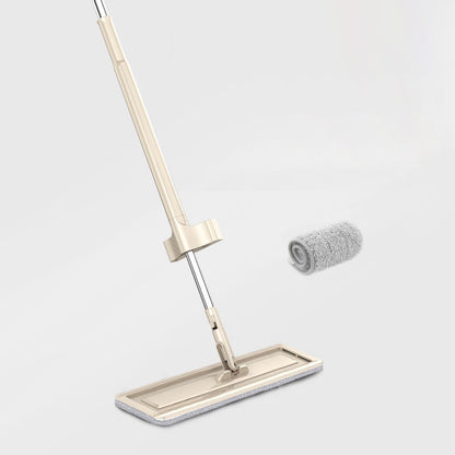 Mop with a flat cleaning pad and a roller head on a light gray background