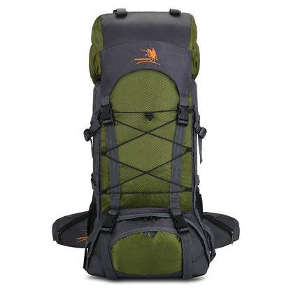 Green and gray backpack with a brand logo on a white background