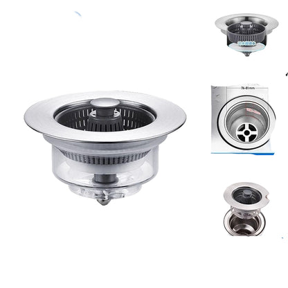 Sink strainer with dimensions and features highlighted on a white background