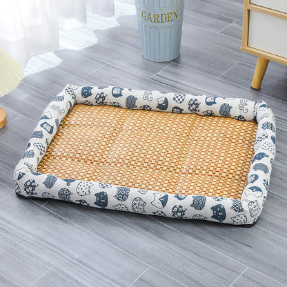 Pet bed with wicker design on a gray floor