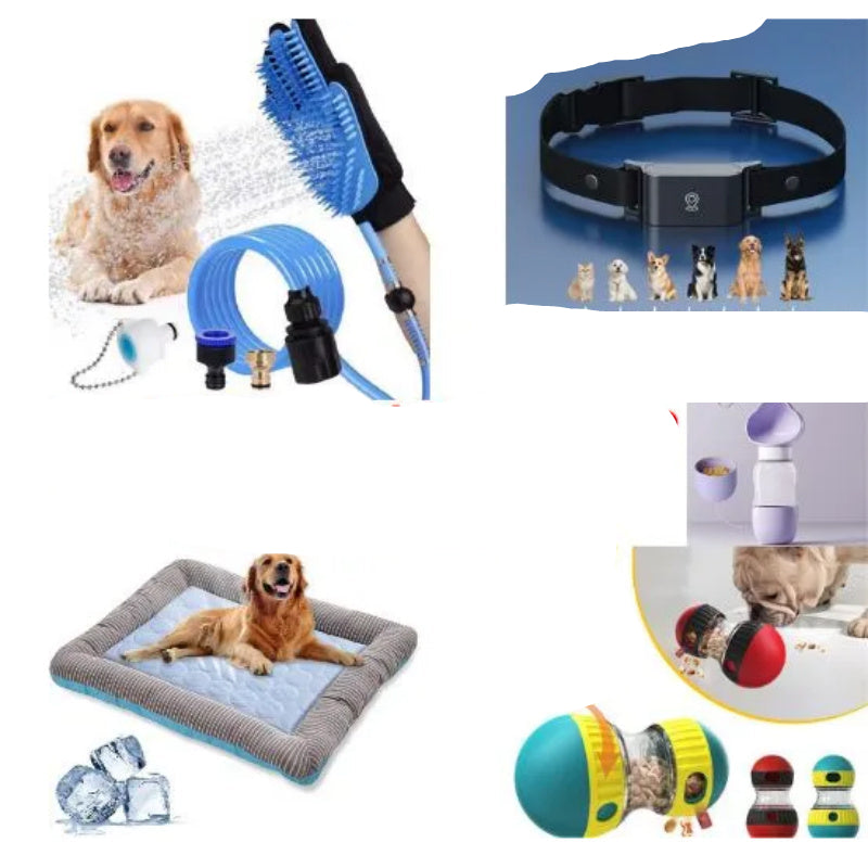 Pet care bundle with various products including a collar, water bottle, and toys on a white background.