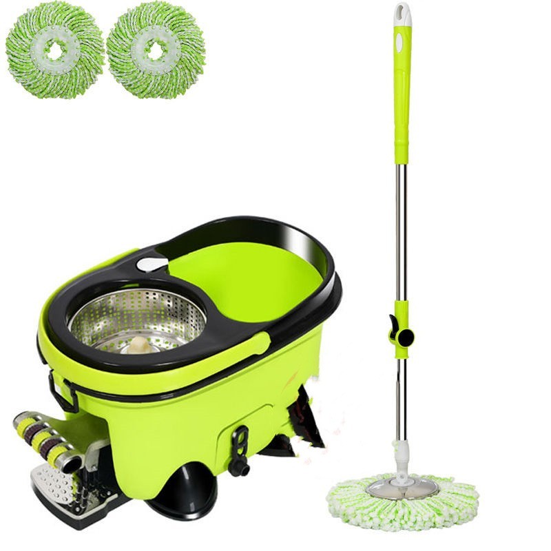 Green cleaning mop set with bucket and two replacement heads on a white background