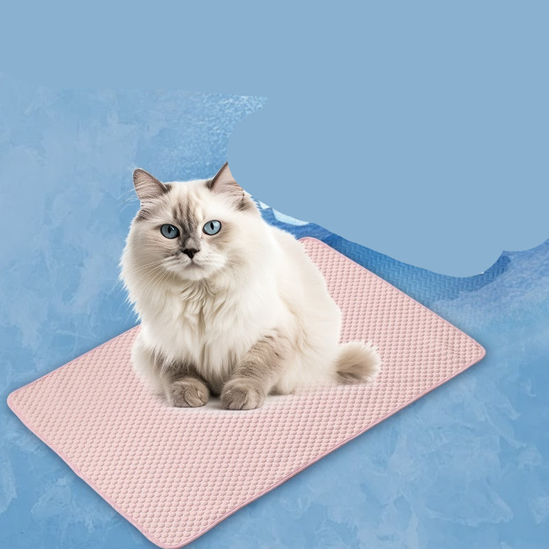 Cat sitting on a pink cooling mat with text about physical cooling on a blue background