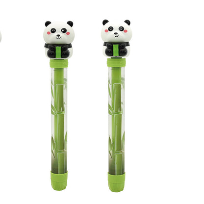 Two cartoon panda character pens with green bamboo design on a white background