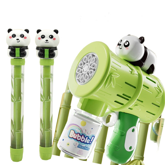 Green water cannon and bubble gun with panda design on a beige background