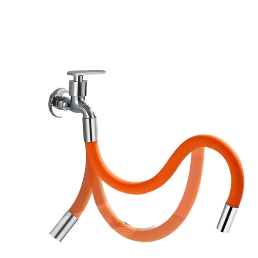 Stainless steel faucet with orange extension tube on a sink background